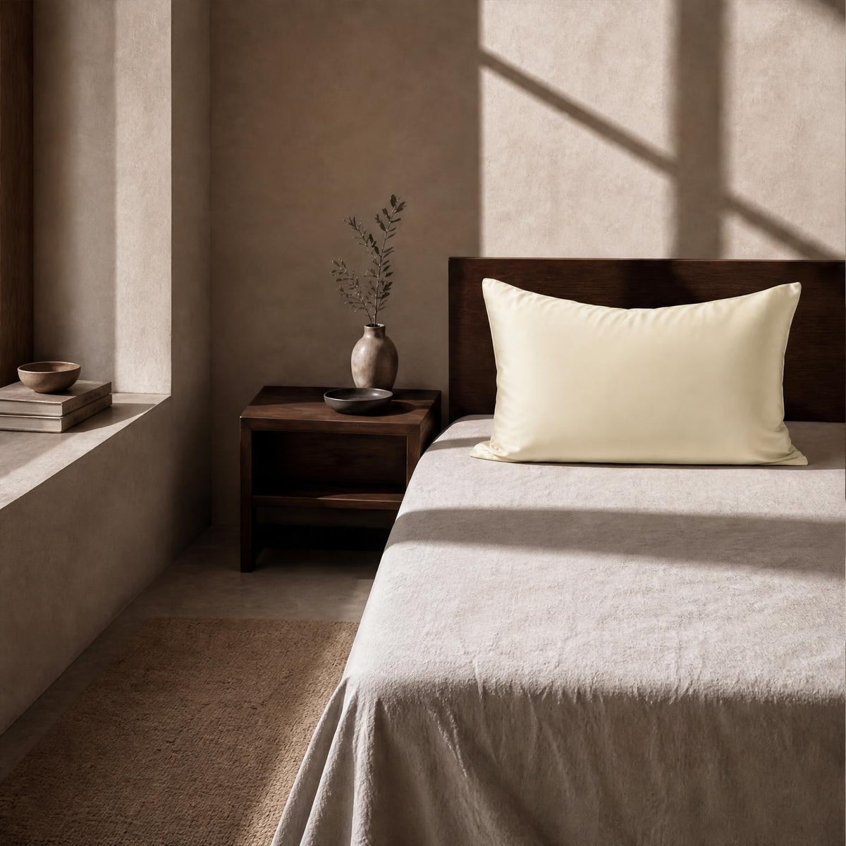 A white silk pillowcase on a pale bed in soft window light