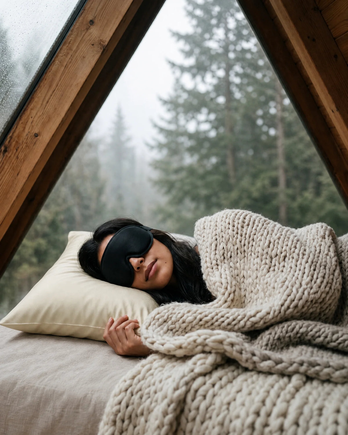 A black sleep mask on pale bedding in a softly lit bedroom.