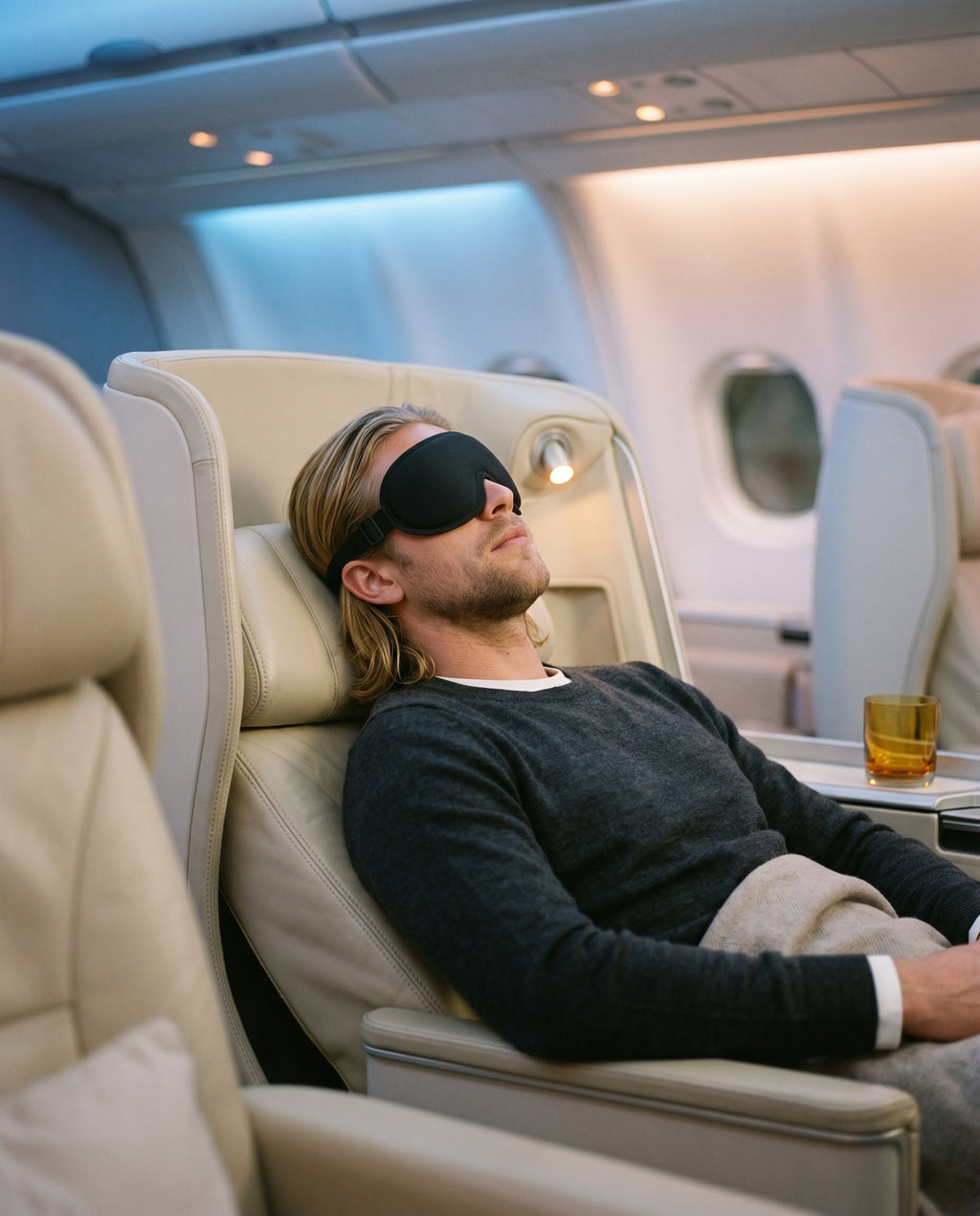 Traveler resting on a first-class flight wearing the Somnia sleep mask