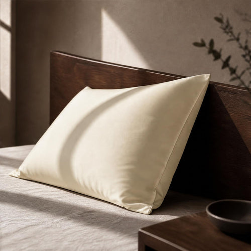 White Somnia Sheen mulberry silk pillowcase on a minimalist wabi-sabi bed in soft window light