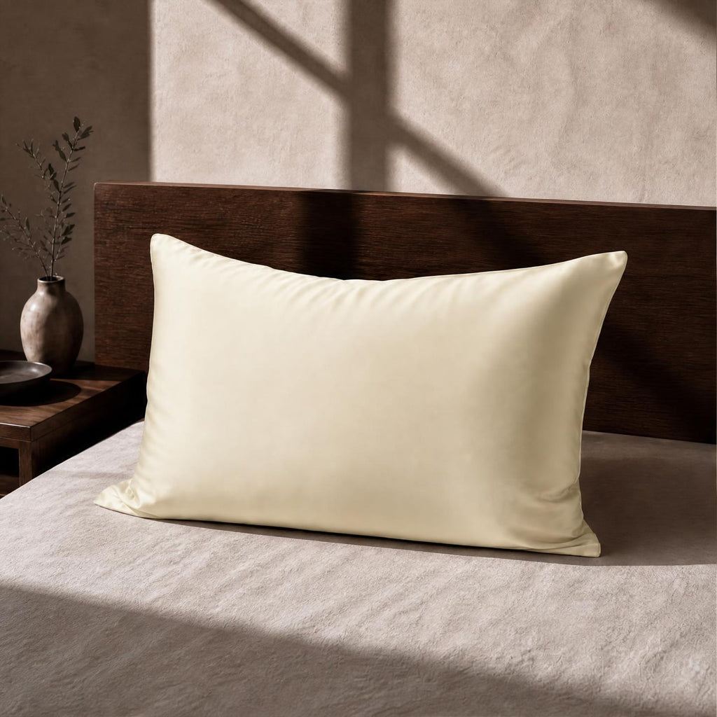 Somnia Sheen white mulberry silk pillowcase on a wabi-sabi styled bed in soft daylight