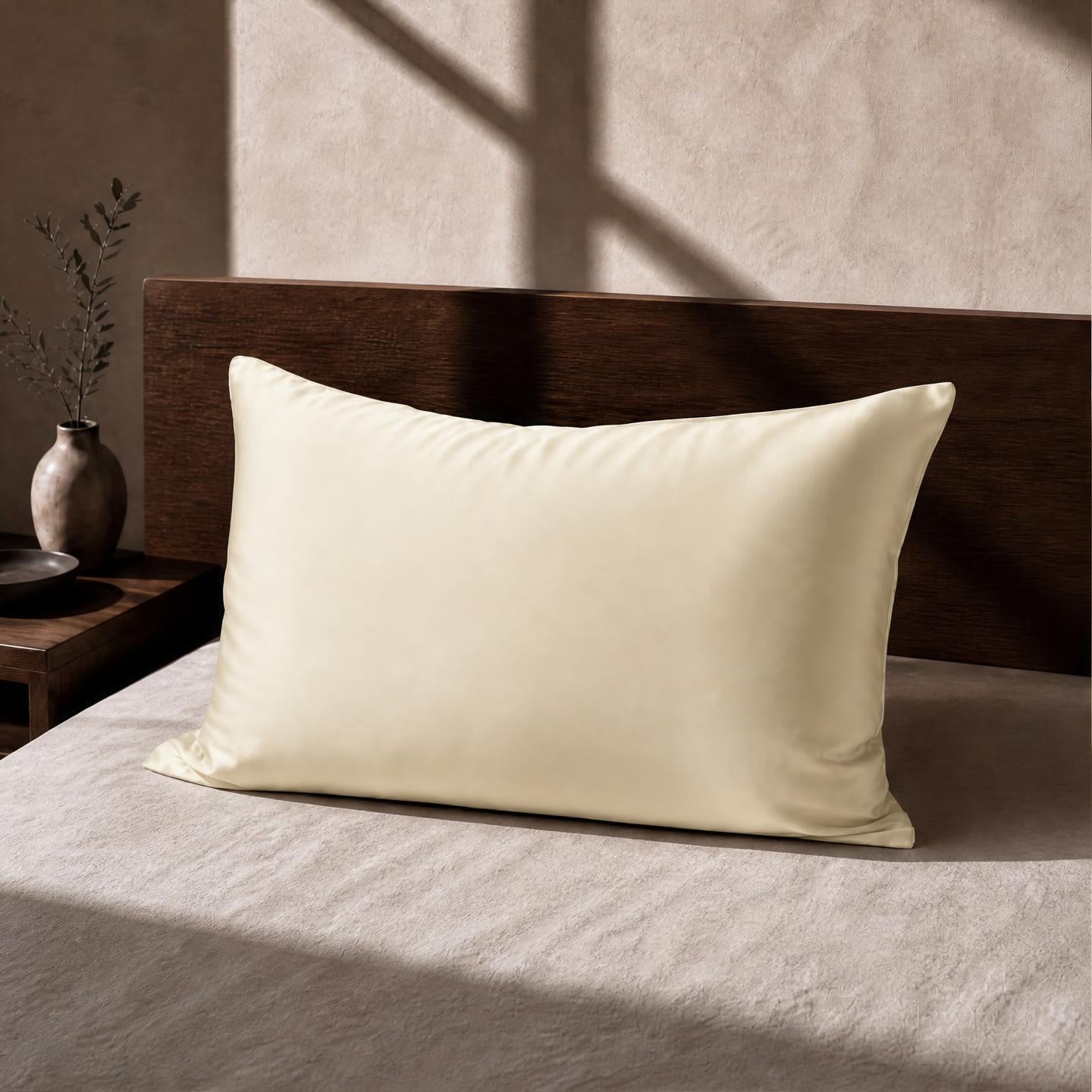 Somnia Sheen white mulberry silk pillowcase on a wabi-sabi styled bed in soft daylight