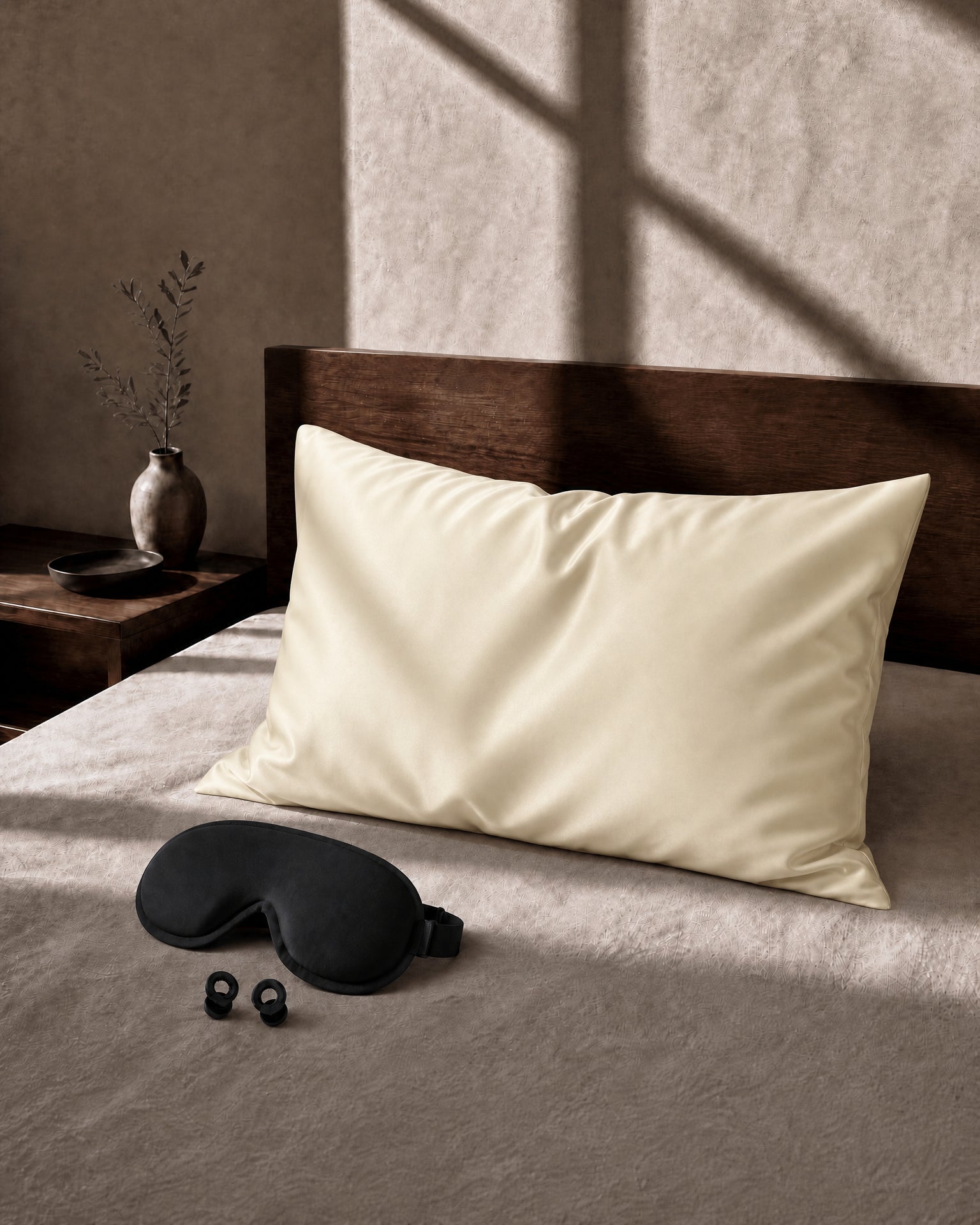 The Somnia Nightfall Set styled on a bed with silk pillowcase and sleep mask