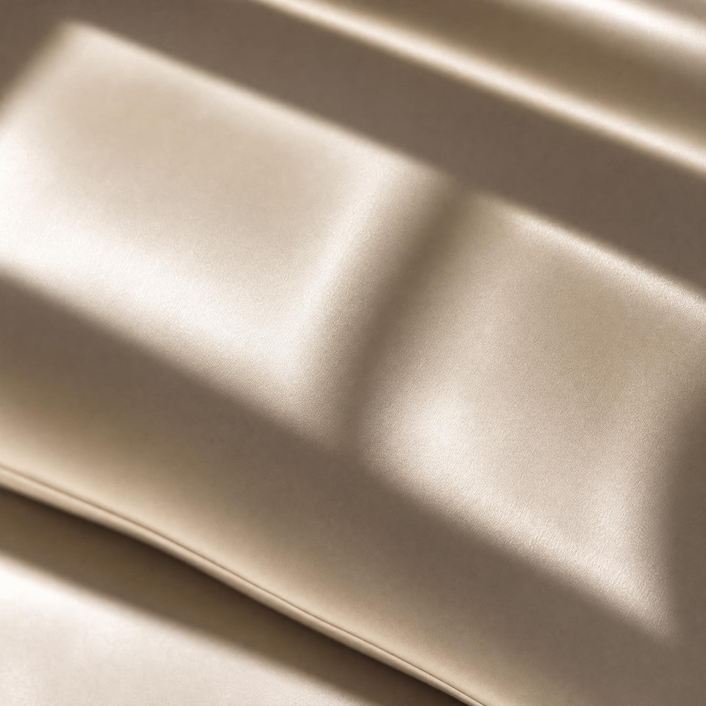 Close-up of Somnia Sheen mulberry silk pillowcase showing smooth silk texture and sheen