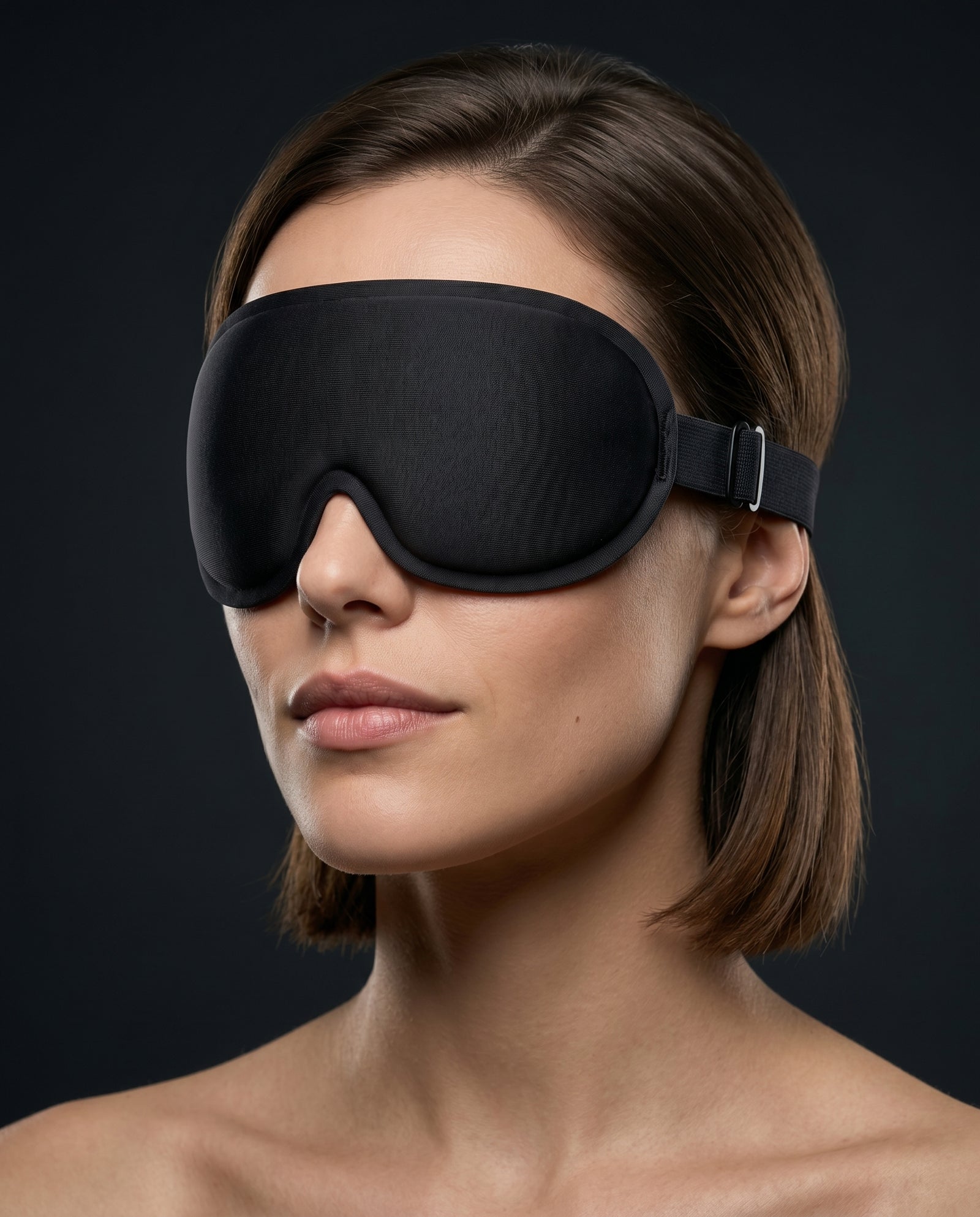 Model wearing the Somnia Sable 3D contour sleep mask in Jet black