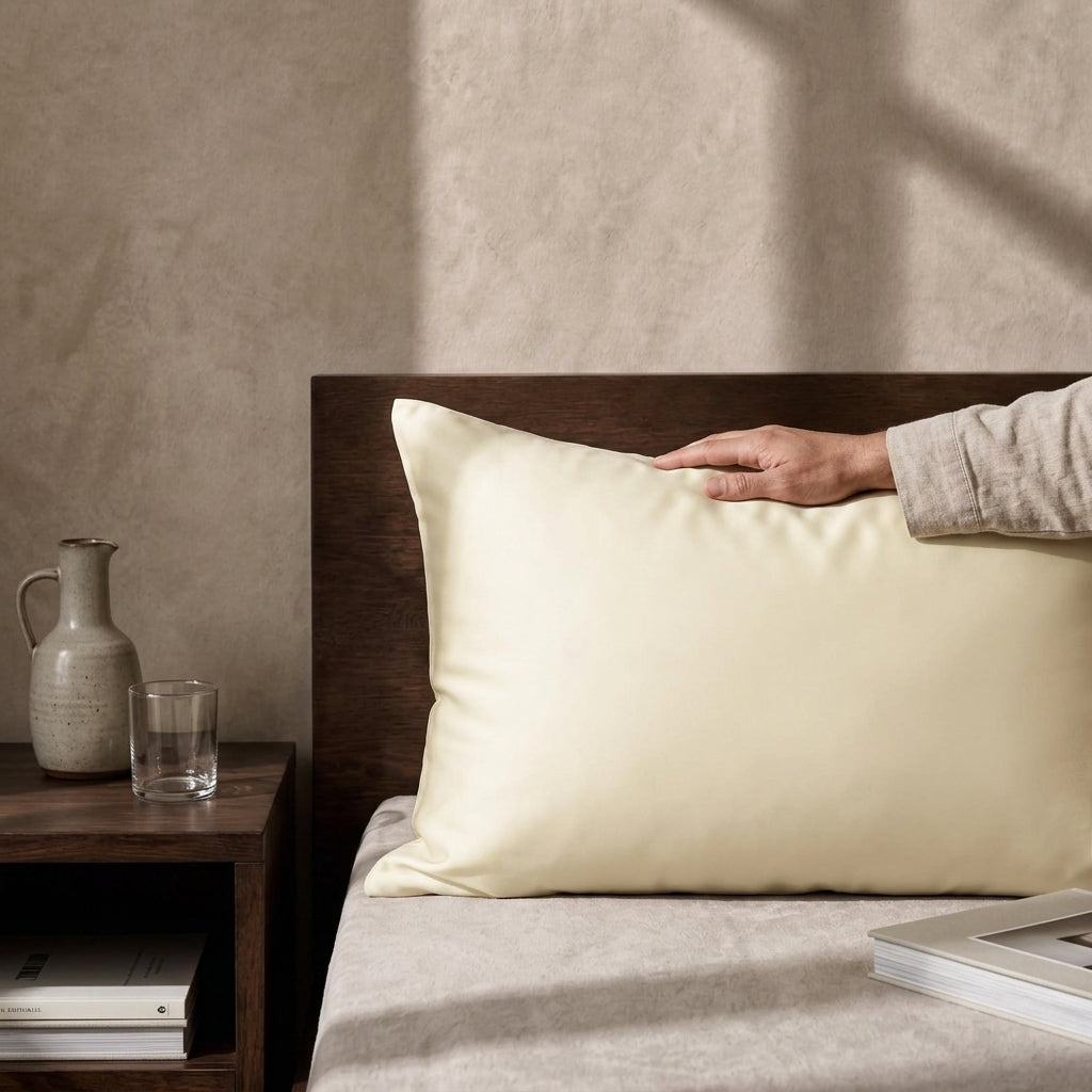 Somnia Sheen mulberry silk pillowcase styled in a luxury bedroom editorial