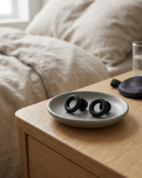 Somnia Mute sound-isolating earplugs, editorial product photograph