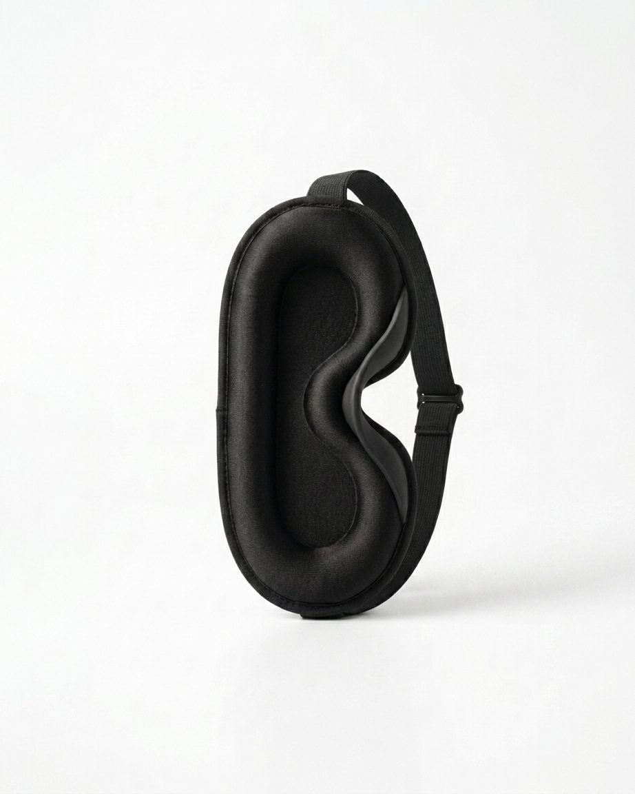 Somnia Sable 3D contour blackout sleep mask, lifestyle editorial photograph